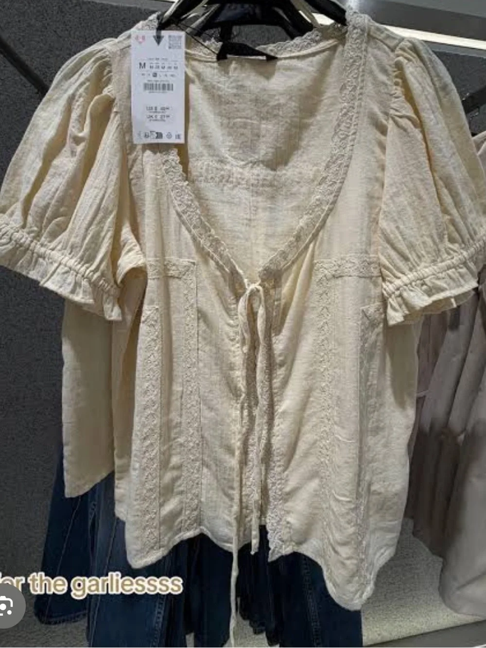 Zara Cream Lace-Trim Tie-Front Blouse